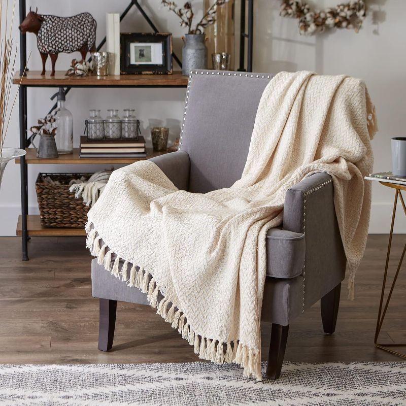 Photo 1 of  DII Modern Zig Zag Throw Blanket Woven Cotton, Hand-Knotted 2.5" Fringe, 50x60, Natural
