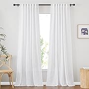 Photo 1 of  White Sheer Linen Curtains for Living Room, Rod Pocket & Back Tab Sweep to Floor Window Treatments Semi Sheer Drapes Privacy for Patio Door/Hall, 2 Panels