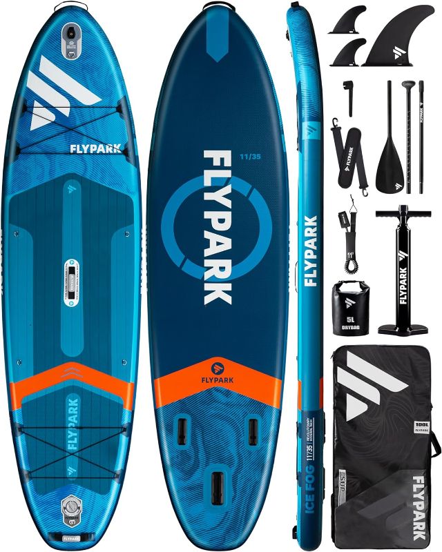 Photo 1 of  Fishing/Family Inflatable Paddle Board, Extra Wide SUP Paddleboard Inflatable, Stable Stand-Up Paddle Board, Camera Mount, Shoulder Strap, 2 Fish mounts, Rod Hold, Kayak seat --- MISSING A FIN