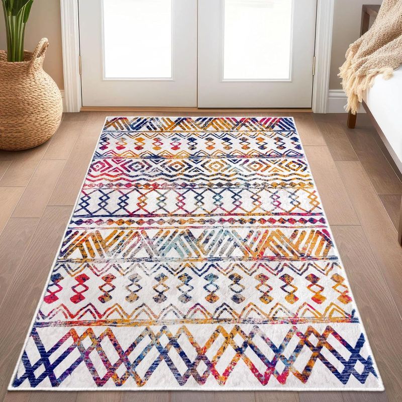 Photo 1 of  Moroccan 3x5 Rug, Colorful Entryway Rug Small Area Rug Washable Non-Slip Throw Rug, Print Faux Wool Low-Pile Kitchen Rugs Distressed Capet for Entrance Bedroom Office Home Decor
