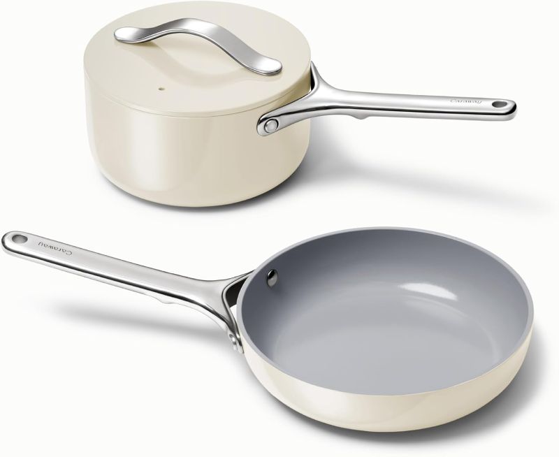 Photo 1 of Caraway Mini Cookware Set - Non-Stick Ceramic Fry Pan (1.05 qt, 8") & Sauce Pan (1.75 qt) - Non Toxic, PTFE & PFOA Free - Oven Safe & Stovetop Agnostic (Gas, Electric & Induction) - Cream