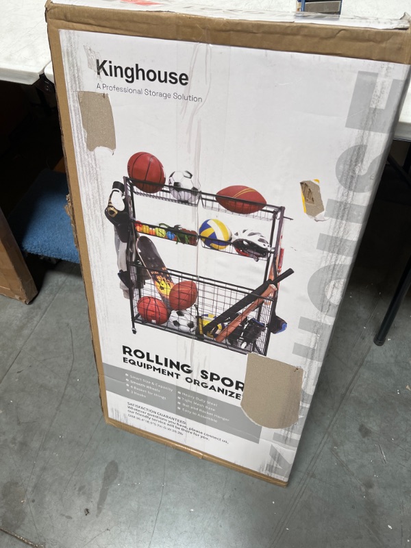 Photo 1 of Kinghouse Garage Sports Equipment Organizer, Sports Equipment Storage for Garage with Baskets and Hooks, Rolling Basketball Racks for Balls with Wheels, Outdoor Toy Storage
