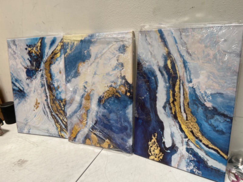 Photo 1 of 4' Abstract painting, Blue, Gold, White, and Textured. 3 Panels 