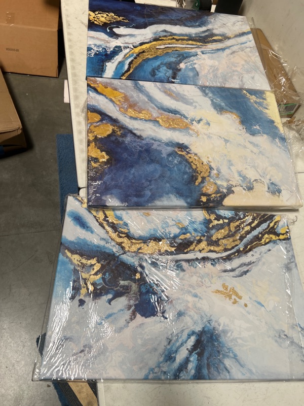 Photo 2 of 4' Abstract painting, Blue, Gold, White, and Textured. 3 Panels 