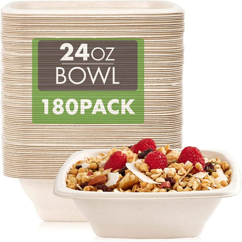 Photo 1 of Vplus 180 Pack 24 OZ Paper Bowls, Square Disposable Compostable Bowls Bulk, Eco-friendly Bagasse Bowls, Heavy-duty Bowls Perfect for Milk Cereals, Snacks, Salads
