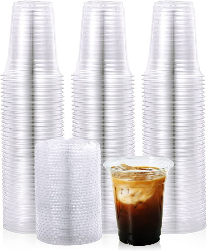 Photo 1 of Vplus 200 Pack 12 OZ Clear Plastic Cups With Flat Lids, PET Crystal Clear Cups, 12 OZ Disposable Cold Drinking Plastic Cups, Perfect for Ice Coffee, Smoothie, Juice, and TO-GO Drinkings
