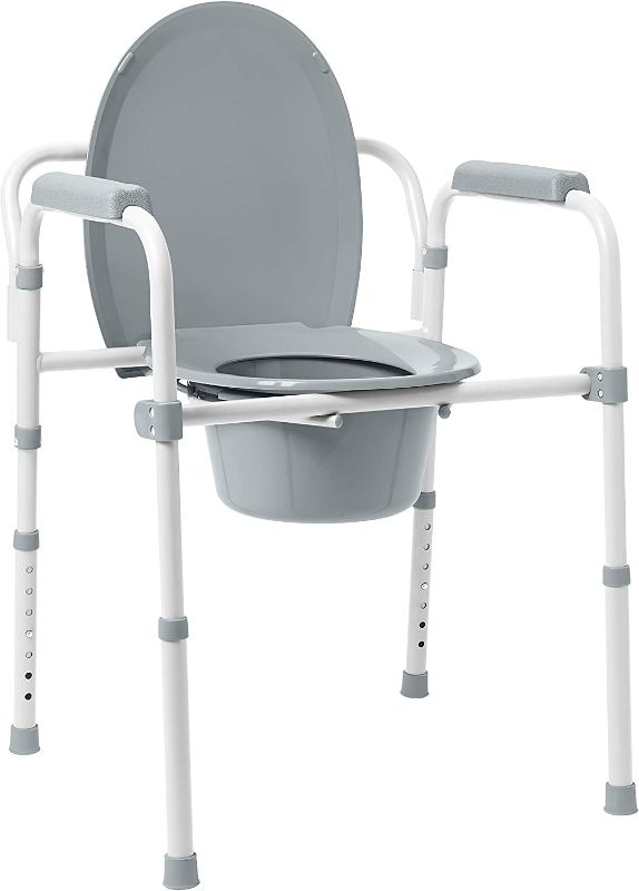 Photo 1 of Guardian 3-in-1 Steel Bedside Commode, Elongated Seat, Folding Frame, Clip on Seat for Easy Cleaning, 350 lb Capacity,Gray,1 Count (Pack of 1)