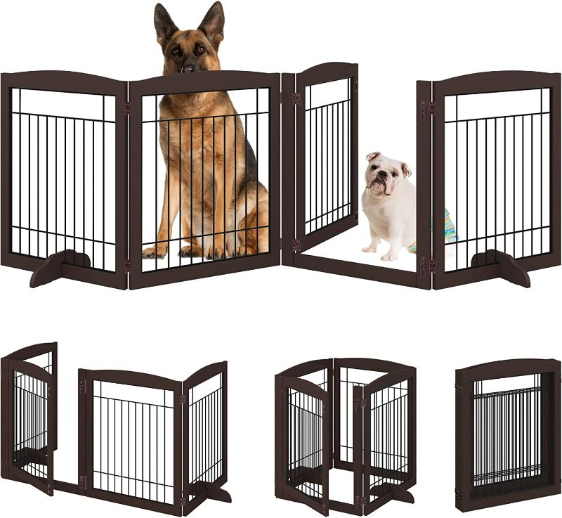 Photo 1 of 4NM No-Assembly Folding 96" Extra Wide 30" Tall Wooden Dog Gate with Door Walk Through, Freestanding Wire Pet Gate, Accordion Puppy Gate, with 2PCS Support - Espresso