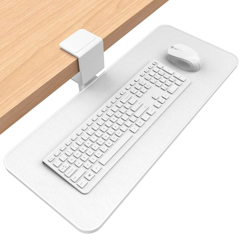 Photo 1 of Rotating Keyboard Tray Under Desk - Klearlook PU Leather Keyboard Drawer Adjustable C Clamp,Ergonomic Keyboard Platform Extender,No Drilling,Easy Install Keyboard Stand,23.62"x 9.84"Inch-White
