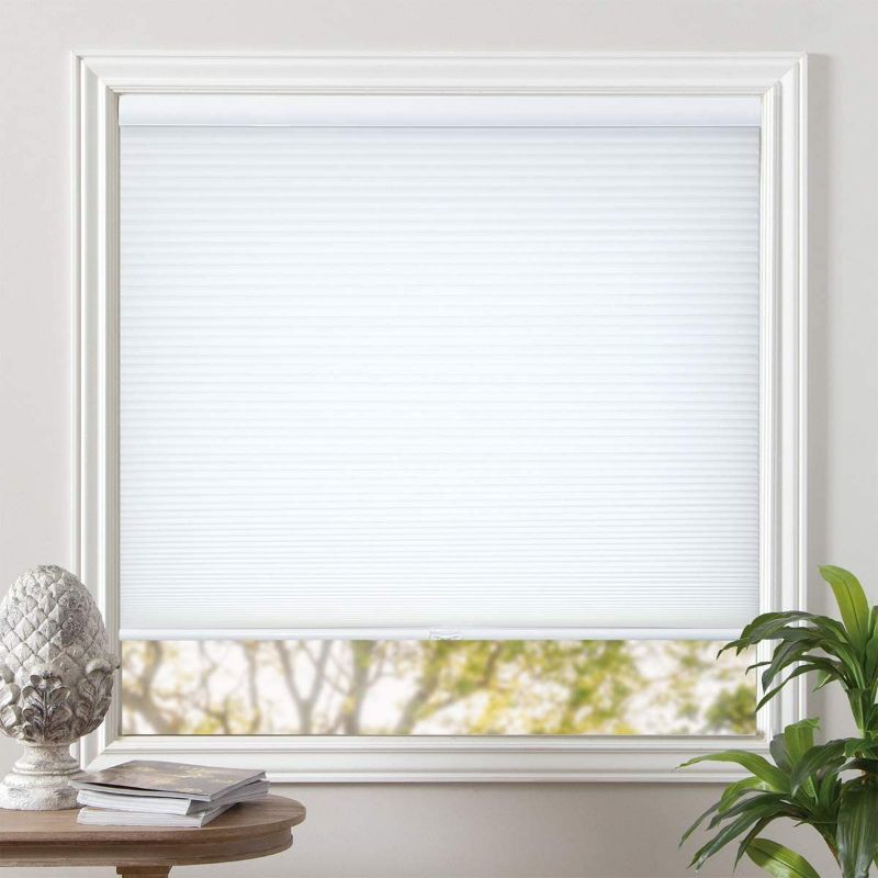 Photo 1 of Cordless Blinds Cellular Fabric Blinds Light Filtering Honeycomb Door Window Blinds White, 27x64 inch
