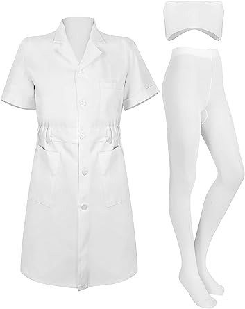 Photo 1 of 3 Pieces Set White Short Sleeve Professional Medical Lab Coat Nurse Cap Solid Color Footed Pantyhose Costume for Women
