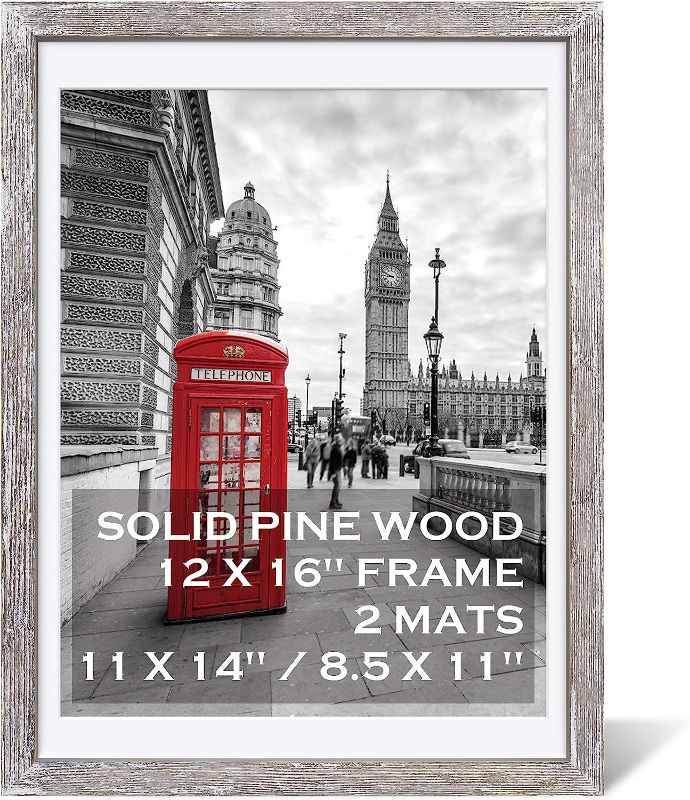 Photo 1 of 12x16 Rustic Picture Frames Solid Wood Display Pictures 11x14 or 8.5x11 Diplomas with Mat or 12x16 without Mat, Farmhouse Distressed Wooden Picture Frame for Wall or Table Top Display, Driftwood White

