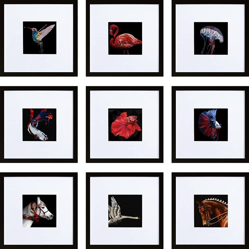 Photo 1 of HEART ART 8x8 Black Picture Frame Set of 9,Display Pictures 4x4 with Mat or 8 x 8 without Mat,Multi Collage Gallery Square Photo Frames for Wall or Tabletop
