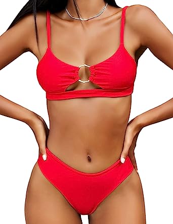 Photo 1 of EJsoyo Women's Two Piece Swimsuits High Waisted Cheeky Bikini Cut Bathing Suit Push Up Keyhole Ring Top Swimwear XL
