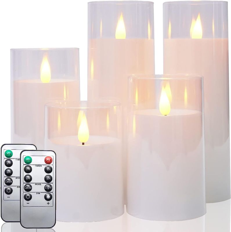 Photo 1 of Fo32won Pure White LED Flameless Pillar Candles Battery Operated with Remote and Timer, Set of 5 (D 3"×H 4" 5" 6" 8" 8") Plexiglass LED Flickering Candles with 3D Flame
