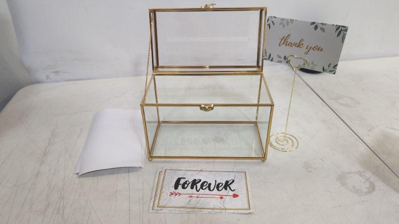 Photo 2 of REDHUGO 10x5.5x7.7 inches Gold Glass Card Box Handmade with Slot, Wedding Card Boxes for Reception, Graduation, Gift Cards, Party, Brass Geometric Terrarium, Golden Decorative Box, Medium
