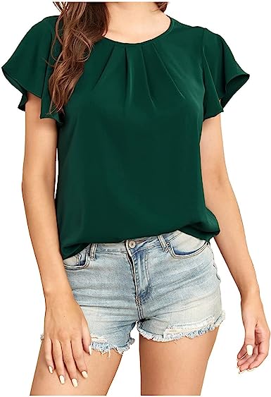 Photo 1 of Ruffle Short Sleeve Chiffon Blouses for Women Dressy Causal Crewneck Pleated T Shirts Office Ladies Summer Tops and Blouses
