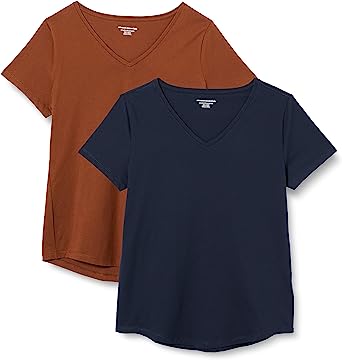 Photo 1 of Amazon Essentials Women's Classic-Fit 100% Cotton Short-Sleeve V-Neck T-Shirt (Available in Plus Size), Pack of 2
