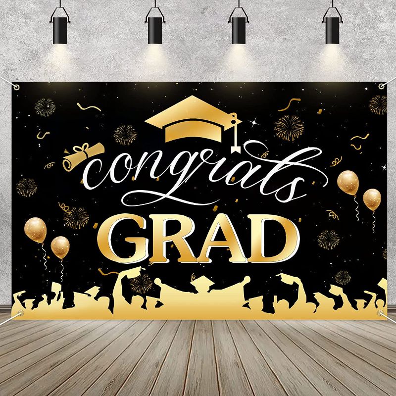 Photo 1 of Graduation Party Decorations 2023, Congrats Grad Prom Backdrop 20x72Inch Graduation Banner Black and Gold Grad Congrats Wall Decor/Photo Backdrop Prop…
