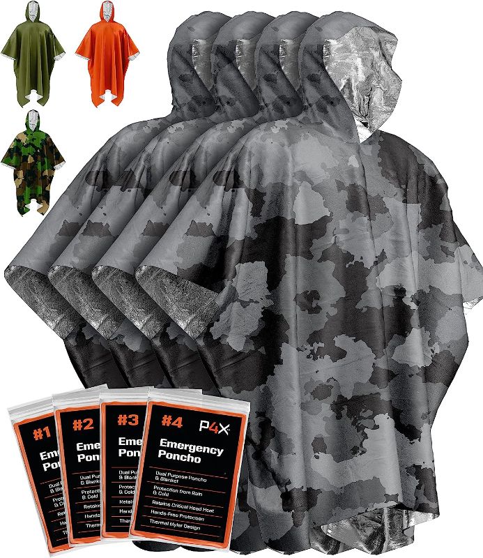 Photo 1 of PREPARED4X Emergency Rain Poncho with Mylar Blanket Liner - Survival Blankets for Car - Heavy Duty, Waterproof Camping Gear, Tactical Prepper Supplies
