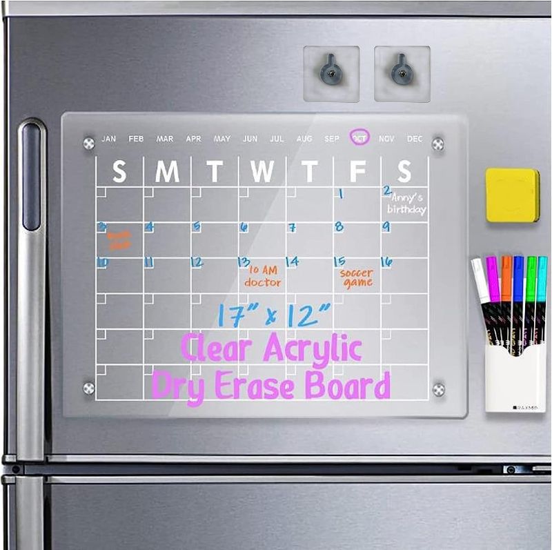 Photo 1 of Acrylic Magnetic Dry Erase Calendar Board for Fridge,17"x12" Inches Clear Dry Erase Calendar for Refrigerator Reusable Planner Includes 6 Colors Dry Erase Markers with Eraser,2 Set Self-adhesive Hooks
