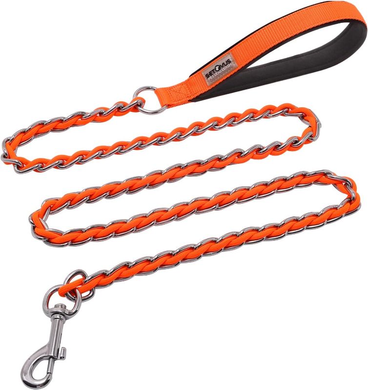 Photo 1 of Chew Proof Metal Leash Chain Dog Leash for Medium Large Dogs, Chain Link Dog Leash Anti Chew 4FT Strong Anti Bite Dog Leash Comfortable Soft Padded Handle Orange
