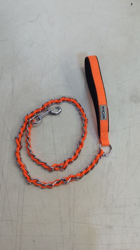 Photo 2 of Chew Proof Metal Leash Chain Dog Leash for Medium Large Dogs, Chain Link Dog Leash Anti Chew 4FT Strong Anti Bite Dog Leash Comfortable Soft Padded Handle Orange
