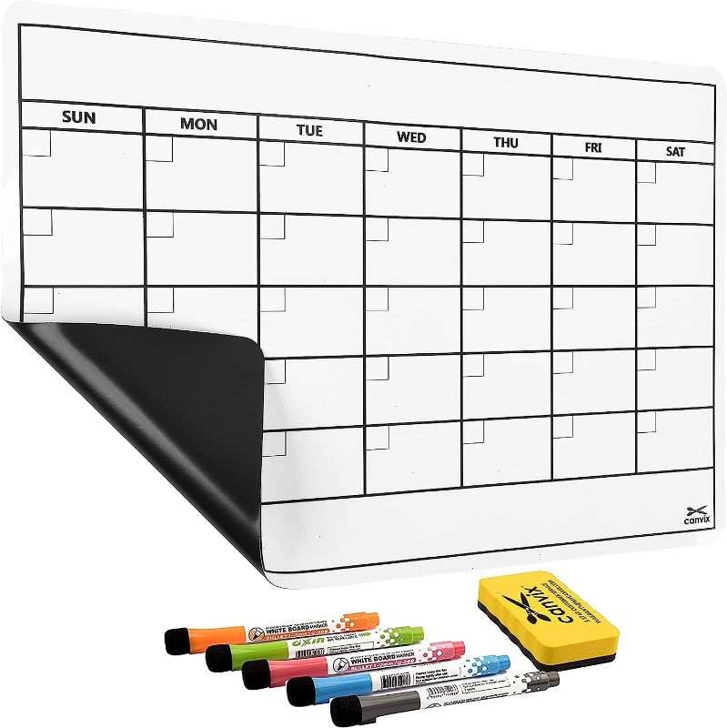 Photo 1 of Magnetic Dry Erase Calendar Whiteboard for Refrigerator – Magnetized, Removable, Residue-Free Board for Family, Kids, Home, and Office – Magnetic Markers & Eraser Included (17x12 Inches)
