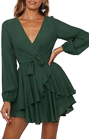 Photo 1 of Ferlema Women's Sexy V Neck Ruffle Long Sleeve Tie Waist Casual A Line Swing Mini Wrap Dress
