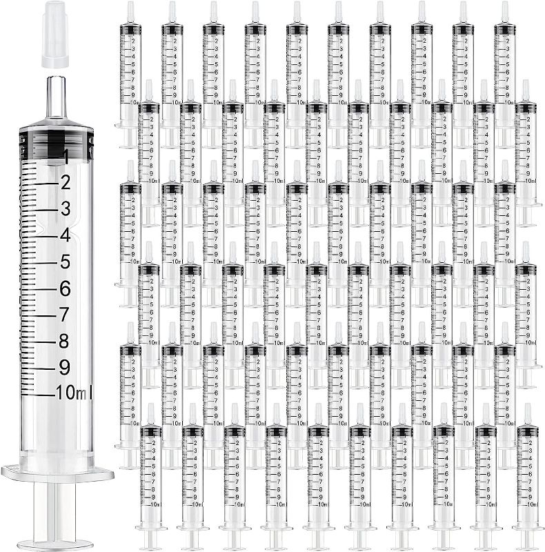 Photo 1 of 100 Pack Plastic Syringe with Measurement Individually Sealed Cap Measuring Tools without needle for Scientific Labs Measuring, Feeding Pets, Refilling (10 ml), clear