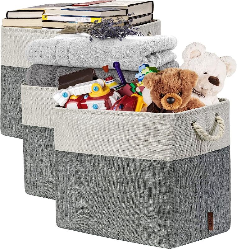 Photo 1 of KITCSTI Storage Baskets for Organizing, Extra Large Rectangular Storage Bin, Fabric Folding Organizer for Closet, Toys, Clothes, Home, Office, 17x12x15 Inches (White&Grey, Pack of 3)
