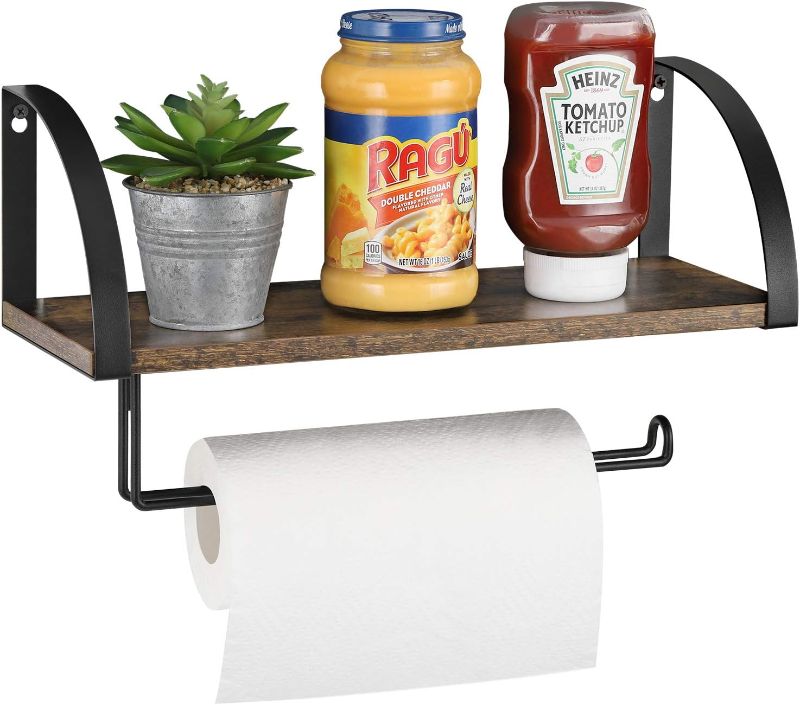 Photo 1 of Paper Towel Holder with Floating Shelf Wall Mounted Paper Rack with Wood Shelf Roll Holder Toilet Paper Storage Stand for Bathroom Washroom Kitchen
