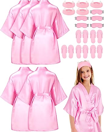 Photo 1 of 20 Pcs Kids Party Girl Robes Slippers Headband Blindfold Set Spa Party Supplies Flower Girl Robes DIY Birthday Party Bathrobe
