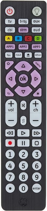 Photo 1 of GE 6-Device Backlit Universal Remote Control for Samsung, Vizio, Lg, Sony, Sharp, Roku, Apple TV, Smart TVs, Streaming Players, Blu-Ray, DVD, Master Volume Control, Black, 47504
