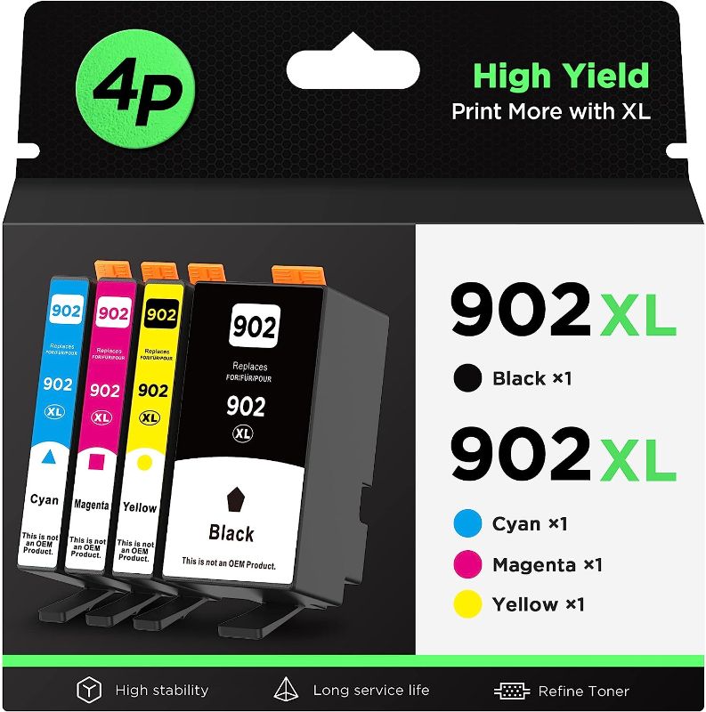 Photo 1 of Compatible 902XL (4-Pack) Ink Cartridge Replacement for HP 902XL 902 High Yield, Work for Officejet Pro 6978 6960 6962 6968 6954 6958 6950 6951 6970 Printers (Black, Cyan, Magenta, Yellow)
