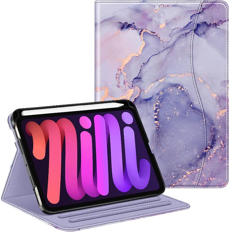 Photo 1 of Fintie Folio Case for iPad Mini 6 2021, Multi-Angle Smart Stand Cover w/Pencil Holder & Pocket, Auto Sleep/Wake for iPad Mini 6th Generation 8.3 Inch, Lilac Marble
