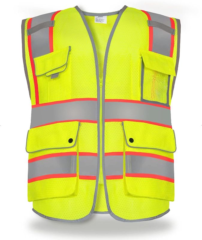 Photo 1 of ANDANDA High Visibility Mesh Safety Reflective Vest with 9 Multi-Functional Pockets, 2 Inch Wide Reflective Strips and Zipper, Meets ANSI/ISEA Standard, Fluorescent Yellow, 5X-Large
