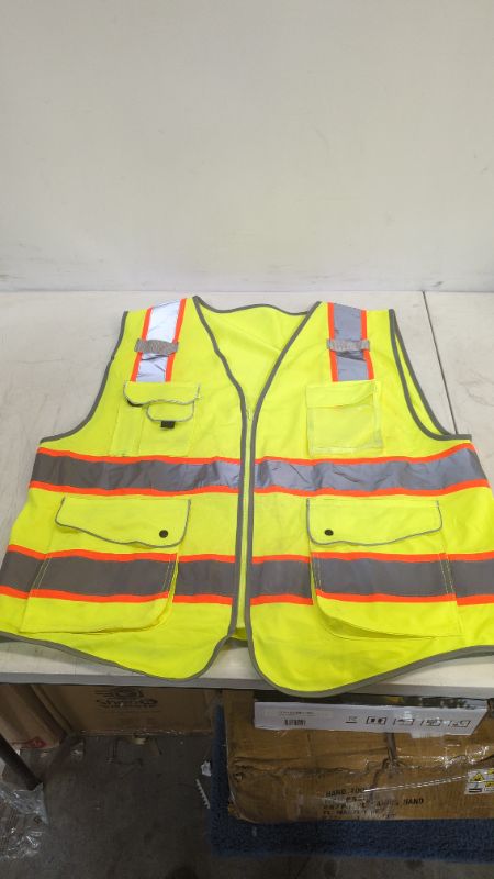 Photo 2 of ANDANDA High Visibility Mesh Safety Reflective Vest with 9 Multi-Functional Pockets, 2 Inch Wide Reflective Strips and Zipper, Meets ANSI/ISEA Standard, Fluorescent Yellow, 5X-Large
