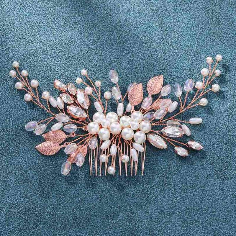 Photo 1 of Jakawin Bride Wedding Pearl Hair Comb Flower Hair Piece Leaf Bridal Hair Accessories for Women and Girls HC079 (Rose Gold)
