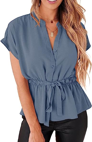 Photo 1 of Women's Blouses with Buttons and Belt Chiffon Blouse Short Sleeves Summer Elegant top with Short Sleeves and Ruffle Hem
