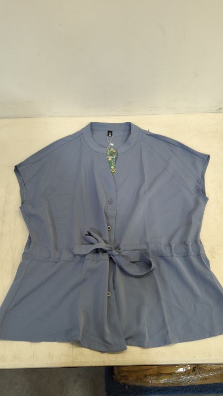 Photo 2 of Women's Blouses with Buttons and Belt Chiffon Blouse Short Sleeves Summer Elegant top with Short Sleeves and Ruffle Hem
