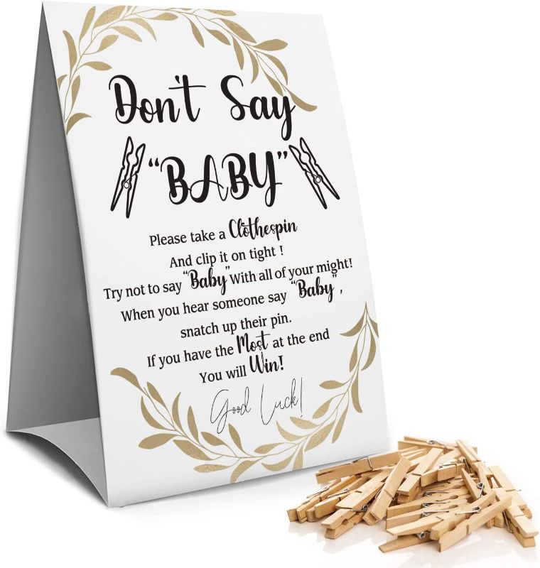 Photo 1 of Don't Say Baby Clothespin Games Sign(1 Sign + 50 Mini Clothespins), Baby Shower Games, Golden Leaf,Gender Neutral Baby Shower (1D)
