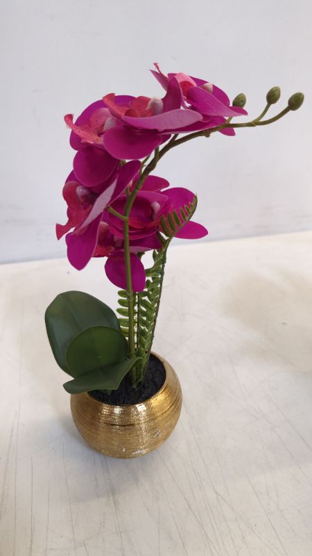 Photo 2 of Briful Fake Orchid Fake Plant 13''Pink Orchids Artificial Flowers with Gold Ceramic Vase Faux Orchid for Home Office Decor Indoor
