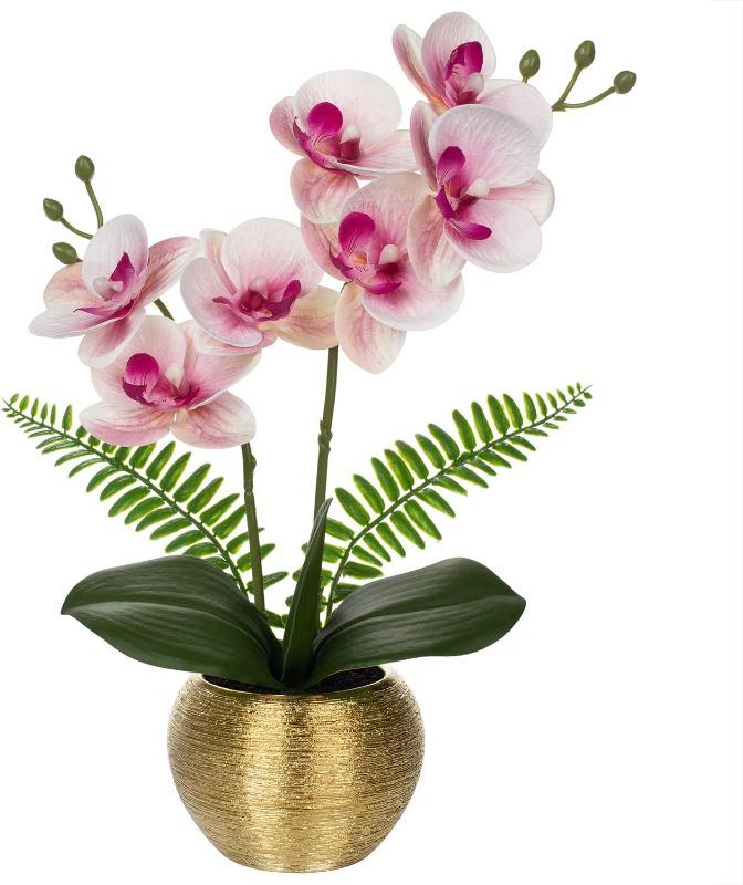 Photo 1 of Briful Fake Orchid Fake Plant 13''Pink Orchids Artificial Flowers with Gold Ceramic Vase Faux Orchid for Home Office Decor Indoor
