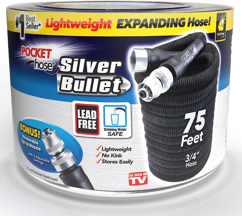 Photo 1 of Pocket Hose Silver Bullet 75 ft Turbo Shot Nozzle Multiple Spray Patterns Expandable Garden Hose 3/4 in Solid Aluminum Fittings Lead-Free Lightweight and No-Kink