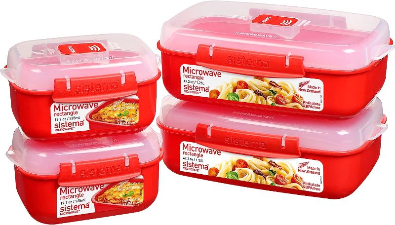Photo 1 of Sistema Heat and Eat 4 Rectangular Food Containers with Lids 1.25L + 2X 525ml | Locking Clips & Steam Release Vents | BPA-Free Microwave Set, 8x10/16x20, 4 pack, Red
