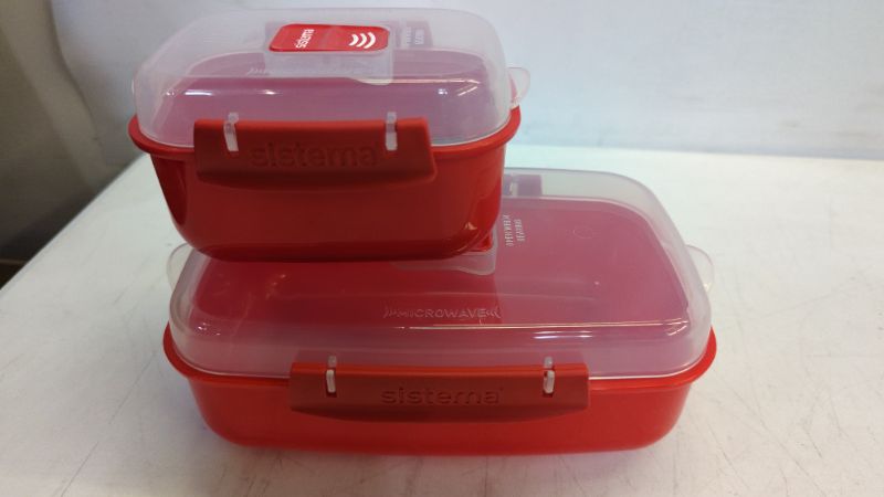 Photo 2 of Sistema Heat and Eat 4 Rectangular Food Containers with Lids 1.25L + 2X 525ml | Locking Clips & Steam Release Vents | BPA-Free Microwave Set, 8x10/16x20, 4 pack, Red
