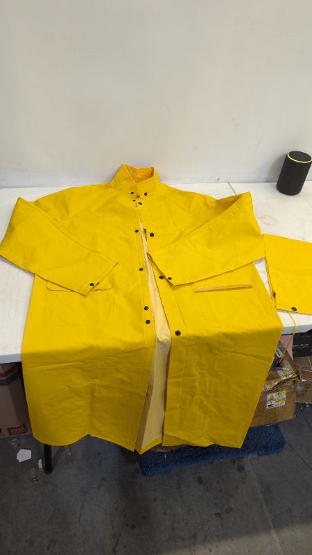 Photo 2 of Safety Heavy Duty Yellow Rain Coat .35mm PVC 48in Raincoat Jacket with Detachable Hood, Waterproof, Fishing
