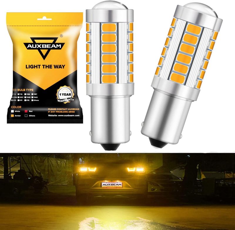 Photo 1 of Auxbeam 1156 LED Turn Signal Bulbs, Super Bright Amber Yellow P21W BA15S LED Bulbs for Turn Signal Light, 33-SMD LED Chipsets with Projector, Pack of 2
