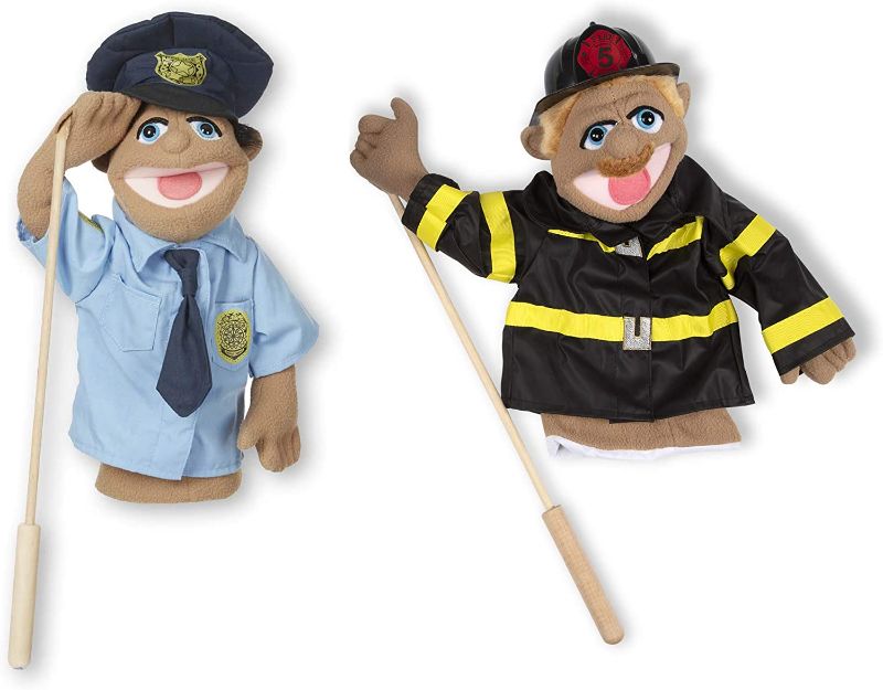 Photo 1 of Melissa & Doug Rescue Puppet Set - Police Officer and Firefighter - Soft, Plush Puppets For Kids Ages 3+
